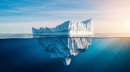 Fototapete - Iceberg partially submerged in ocean, showcasing only a fraction of its total mass above water, symbolizing hidden depths, unseen challenges, or unknown potential