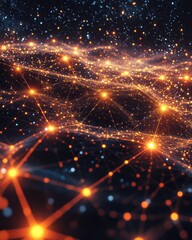 Wall Mural - abstract network of glowing orange and blue dots connecting in dark space digital art style backgrou