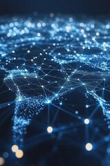 Wall Mural - futuristic world map with glowing connection points and lines on a dark blue background creating a d