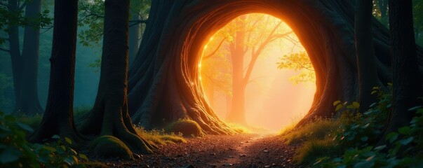 Wall Mural - Soft light filters through an glowing, crystalline portal in trees, woods, natural