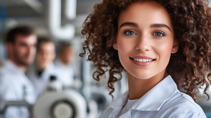 Poster - Portrait of a smiling young scientist woman working in a laboratory with her colleagues in the background
