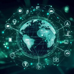 Poster - Global Network Communication: Digital Earth with Connected Icons, Representing Global Data and Connectivity.