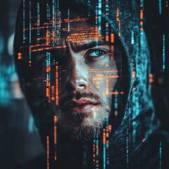Poster - Hacker in the digital realm: Hooded figure amidst flowing code, merging the human and technological worlds in a cybernetic dance.