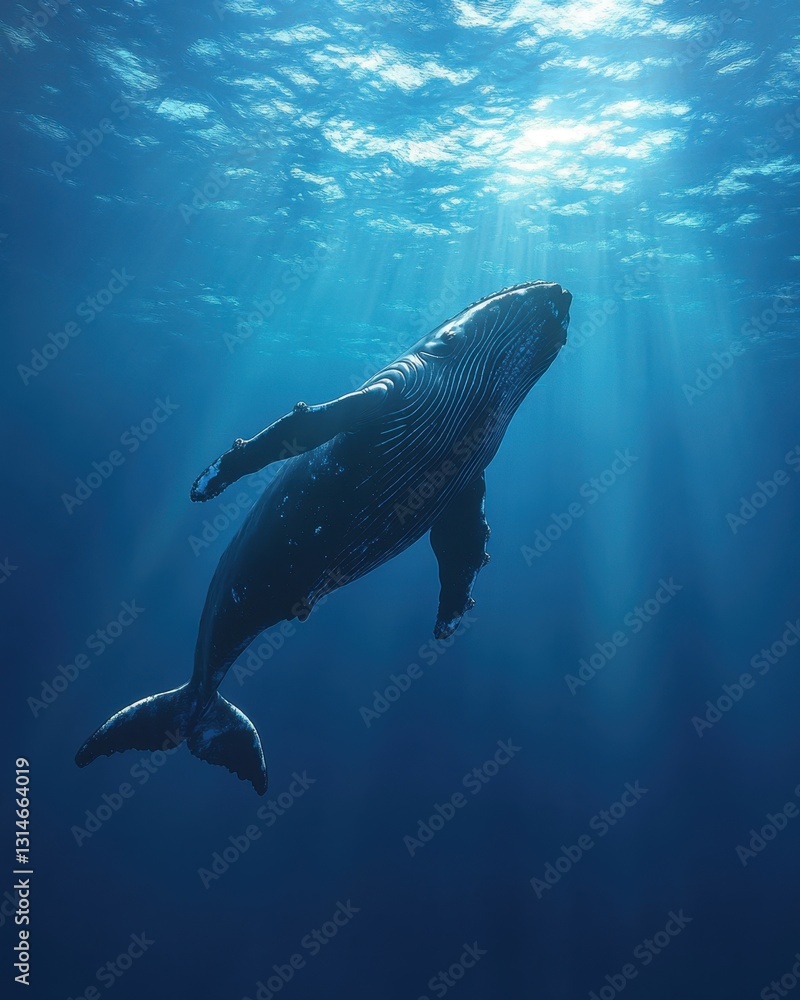 Majestic humpback whale swimming in deep blue ocean illuminated by sun ...