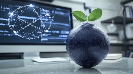 Tech growth plant sprouting from sphere on desk, code on screen