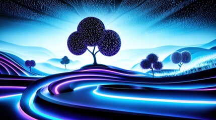 Wall Mural - Futuristic Neon Landscape with Glowing Trees and Abstract Hills