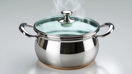 The metal pot featuring a glass lid and plastic handles placed on a white background.