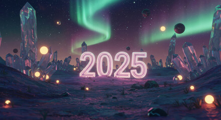 Wall Mural - Illuminated neon number indicating the year two thousand and twenty five
