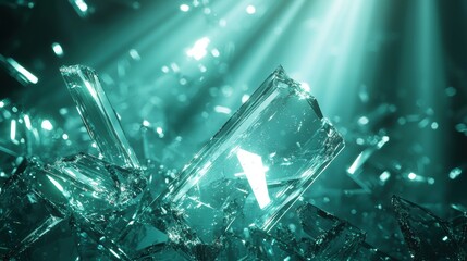Wall Mural - stunning abstract background of shattered glass with light rays and turquoise color palette