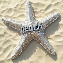 Wall Mural - silver glitter starfish on sand beach with shining light and decorative elements