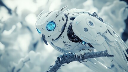 Wall Mural - futuristic robot owl with bright blue eyes perched on a branch in a dreamlike setting