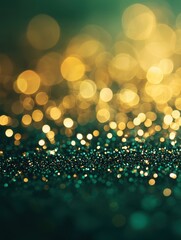 Canvas Print - abstract golden bokeh lights on dark teal background festive glitter sparkles shimmering elegance