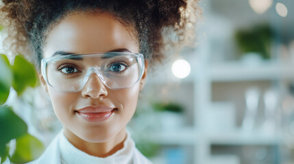 Poster - Confident young scientist smiling, wearing protective glasses, working in laboratory with professional focus on medical research