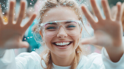 Poster - Female scientist wearing protective glasses, smiling and celebrating success with confetti falling around her