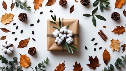 Aufkleber - Autumn or winter arrangement with a gift, dried leaves, and cotton flowers on a white background. Flat lay, top view.