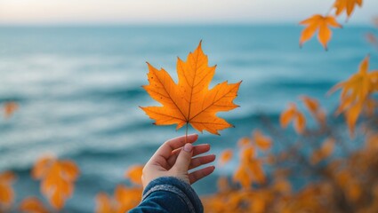 Poster - Autumn leaf held in the girl's hand with the sea in the background.