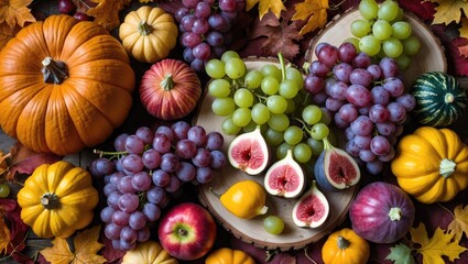 Aufkleber - Autumn arrangement featuring a variety of food, fruits, pumpkins, and harvest. Flat lay, top view.