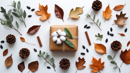 Aufkleber - Autumn or winter arrangement. Present, dried leaves, cotton flowers on a light backdrop. Flat lay, overhead view.