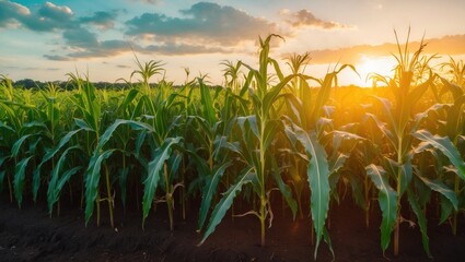Aufkleber - Agriculture image of sunlit young corn plants in a fertile field. The warm light causes the translucent green leaves to glow.