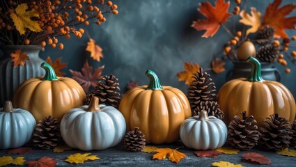 Aufkleber - Autumn decoration border featuring ceramic pumpkins, pine cones, and autumn decor in the background.