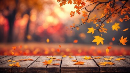Poster - Autumn - Wooden Table Featuring Orange Leaves With Defocused Abstract Background