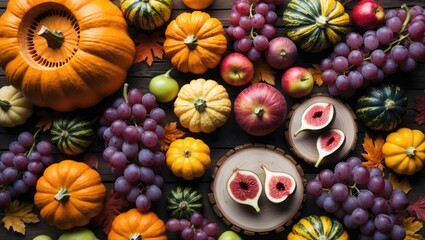 Aufkleber - Autumn arrangement featuring an abundance of food, fruits, pumpkins, and harvest. Flat lay, top view.