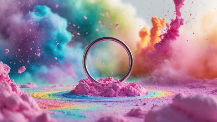 Wall Mural - ring circle featuring copy space and a vibrant explosion of rainbow paint color powder. stunning par