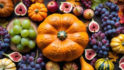 Aufkleber - Autumn arrangement featuring a variety of food, fruits, pumpkins, and harvest. Flat lay, top view.
