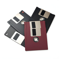 retro vintage floppy disk diskettes on white, old time computer storage equipment hardware