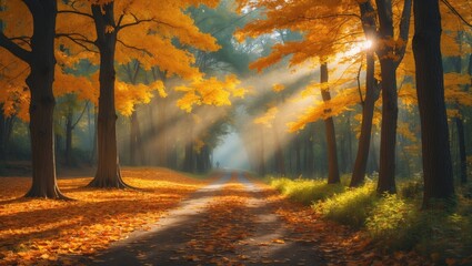 Poster - Alley in the bright autumn park during the morning.