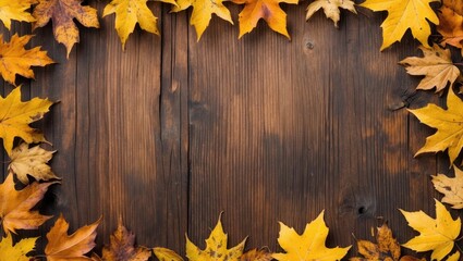 Aufkleber - autumn leaves arranged on a vintage old wooden backdrop, copy space