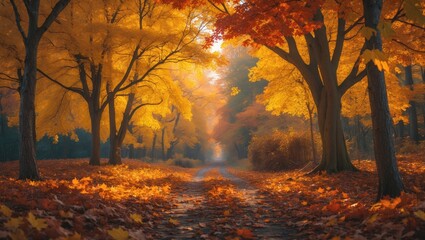 Poster - Stunning autumn scenery featuring yellow trees, green hues, and sunlight. Vibrant foliage in the park. Natural background of falling leaves.
