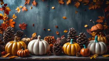 Aufkleber - Autumn decoration featuring ceramic pumpkins, pine cones, and autumn decor set against a background.