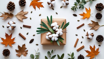 Aufkleber - Autumn or winter arrangement. Gift, dried leaves, cotton flowers on a light backdrop. Flat lay, overhead view.