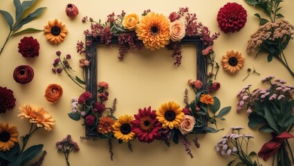 Aufkleber - Autumn floral arrangement Fresh flower frame on a light yellow background concept Flat lay, top view, empty space
