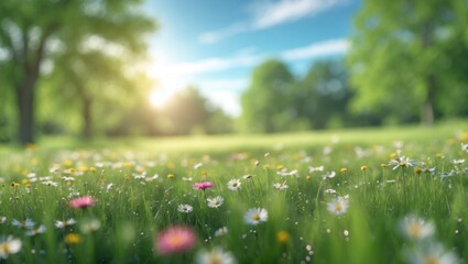 Aufkleber - Blurry beautiful spring background of nature featuring a blooming glade, trees, and a blue sky on a sunny day.