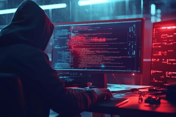 unknown hacker coding security breach on computer screen. cybercrime concept for technology, interne