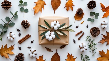 Aufkleber - Autumn or winter arrangement. Gift, dried leaves, cotton flowers on a white surface. Flat lay, overhead view.