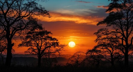 Poster - Astonishing and beautiful golden sunset over the silhouettes of black trees. Beautiful sunset landscape scenery background wallpaper.