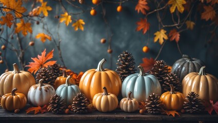 Aufkleber - Autumn border featuring ceramic pumpkins, pine cones, and autumn decor on a background.