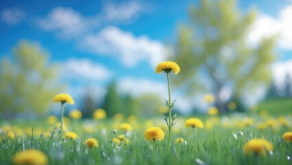 Aufkleber - Beautiful soft-focus spring nature background featuring a blooming meadow with daisies, trees, and a clear blue sky on a sunny day.
