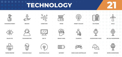  outline icons set - technology concept. humanoid robot, receive and more.