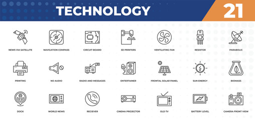  outline icons set - technology concept. news via satellite, navigation compass and more.