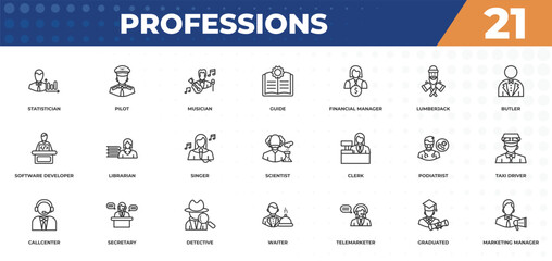  outline icons set - professions concept. statistician, pilot and more.