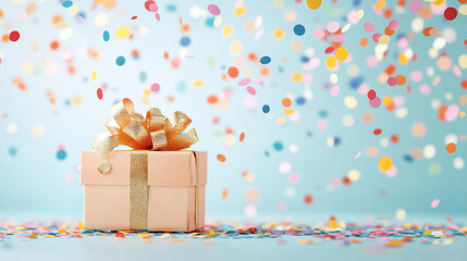 Wall Mural - gift with confetti burst: a pastel pink gift box adorned with a delicate gold ribbon sits amidst a f