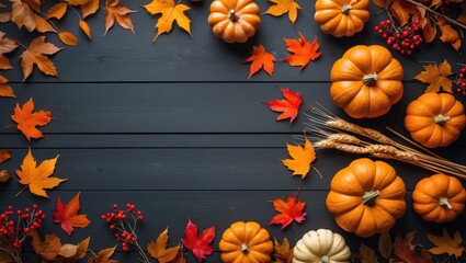 Aufkleber - Autumn background arrangement using dry leaves and pumpkin on a dark wooden surface. Flat lay, top view for concept.