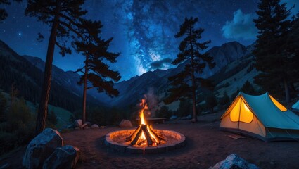 Wall Mural - Panoramic scenery of nighttime camping in a valley featuring large pine trees. A burning campfire and illuminated tourist tent beneath a bright starry sky. Tourism in the mountains.