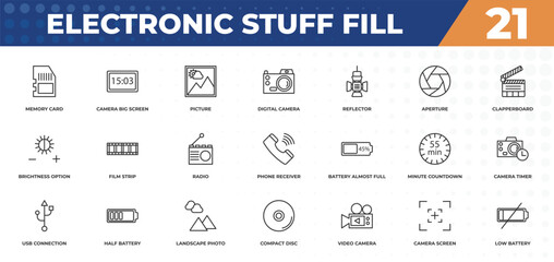  outline icons set - electronic stuff fill concept. memory card, camera big screen size and more.
