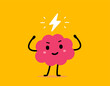 © wowomnom - Vector cartoon illustration of cool strong brain and lightning symbol on color background. Flat doodle style design of cute smile health brain character with strong muscles