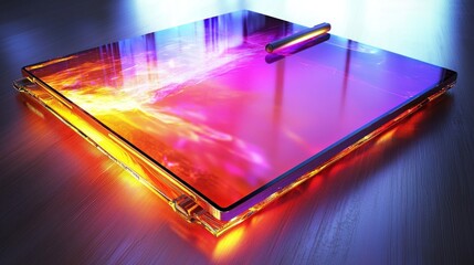 Colorful, glowing, glass tabletop in modern interior